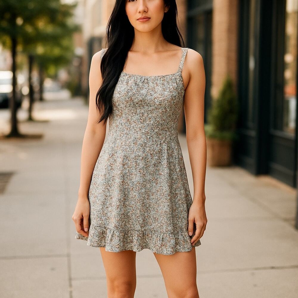 Lush NWOT Sleeveless Mini Dress Size L Blue Floral Ditsy Ruffle Casual Boho